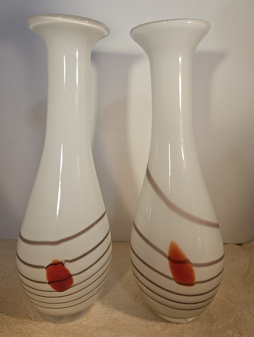 Tall 14” Vintage MCM Murano Style White Cased Glass Vase Striped Red Accent
